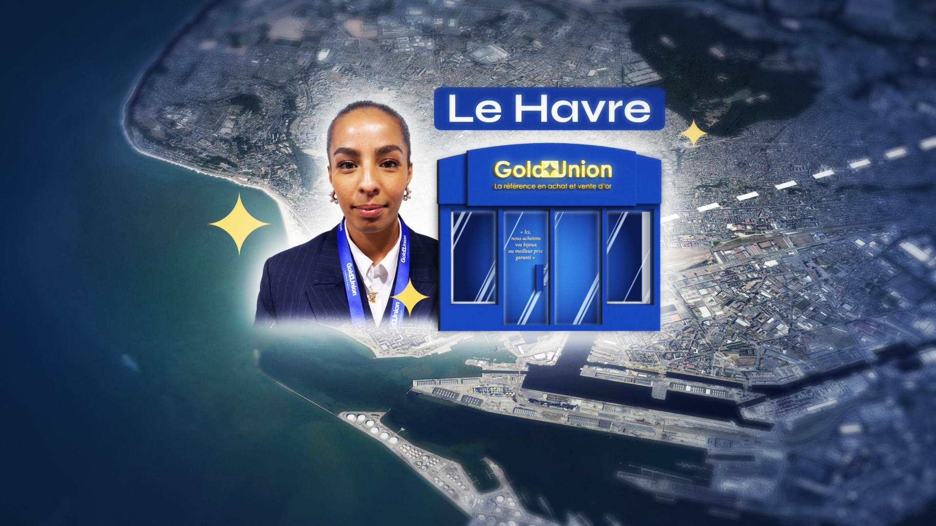 Le Havre vu du ciel avec une agence goldunion et sa responsable